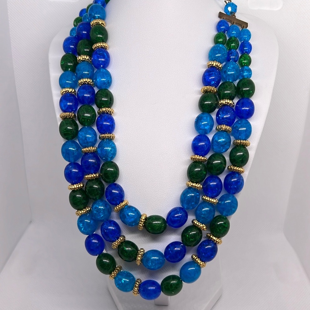 Vintage, Green Blue And Gold Three Strand Acrylic Necklace